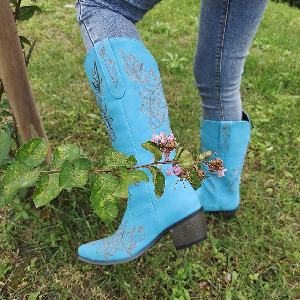 Women's Embroidered Snip Toe Mid-Calf Western Cowgirl Boots, 4, Beige n