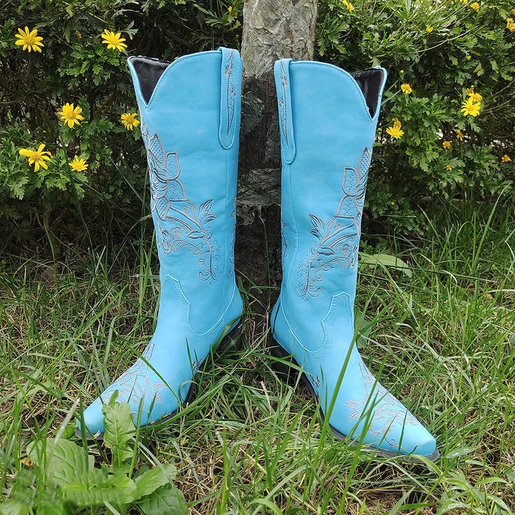 Women's Embroidered Snip Toe Mid-Calf Western Cowgirl Boots, 4, Beige n