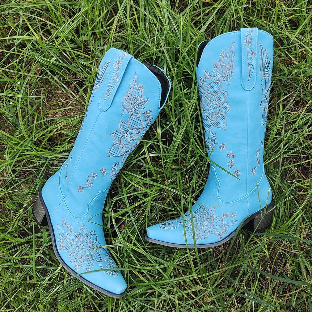 Women's Embroidered Snip Toe Mid-Calf Western Cowgirl Boots, 4, Beige n