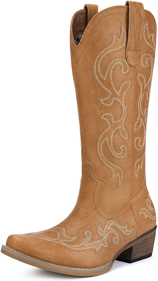 HISEA Cowboy Boots for Women Western Cowgirl Boots with Classic Embroidery, 6, Brown