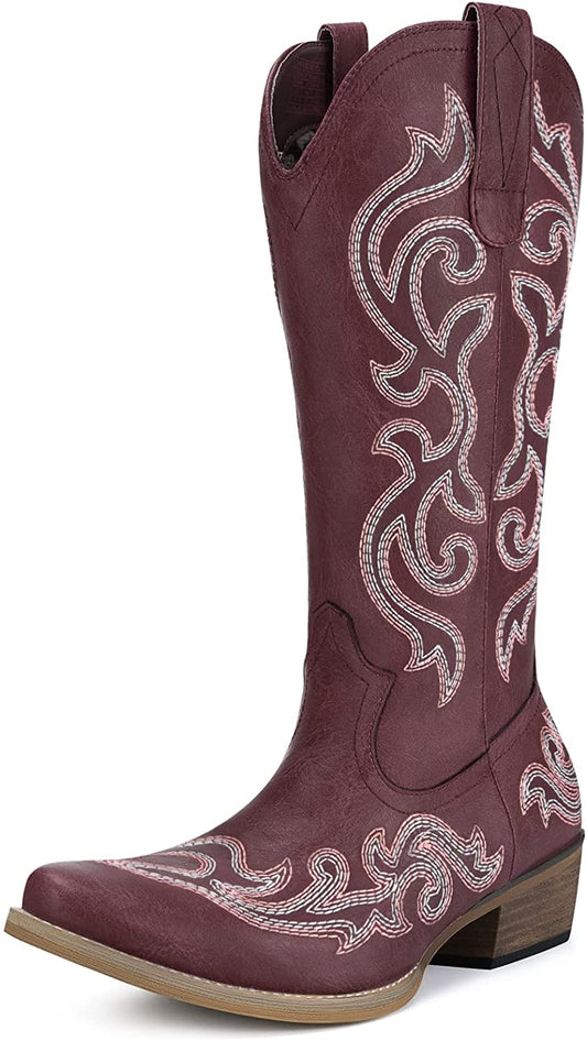 HISEA Cowboy Boots for Women Western Cowgirl Boots with Classic Embroidery, 6, Brown