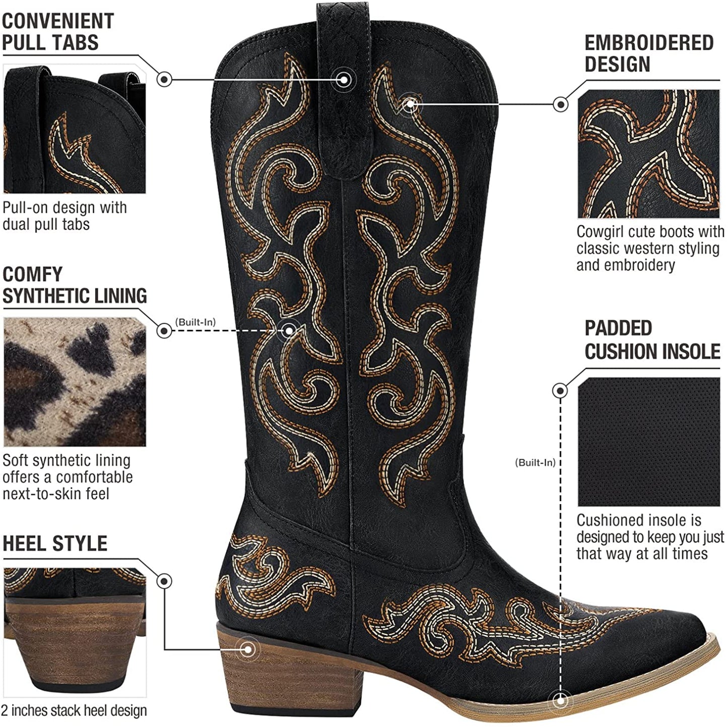 HISEA Cowboy Boots for Women Western Cowgirl Boots with Classic Embroidery