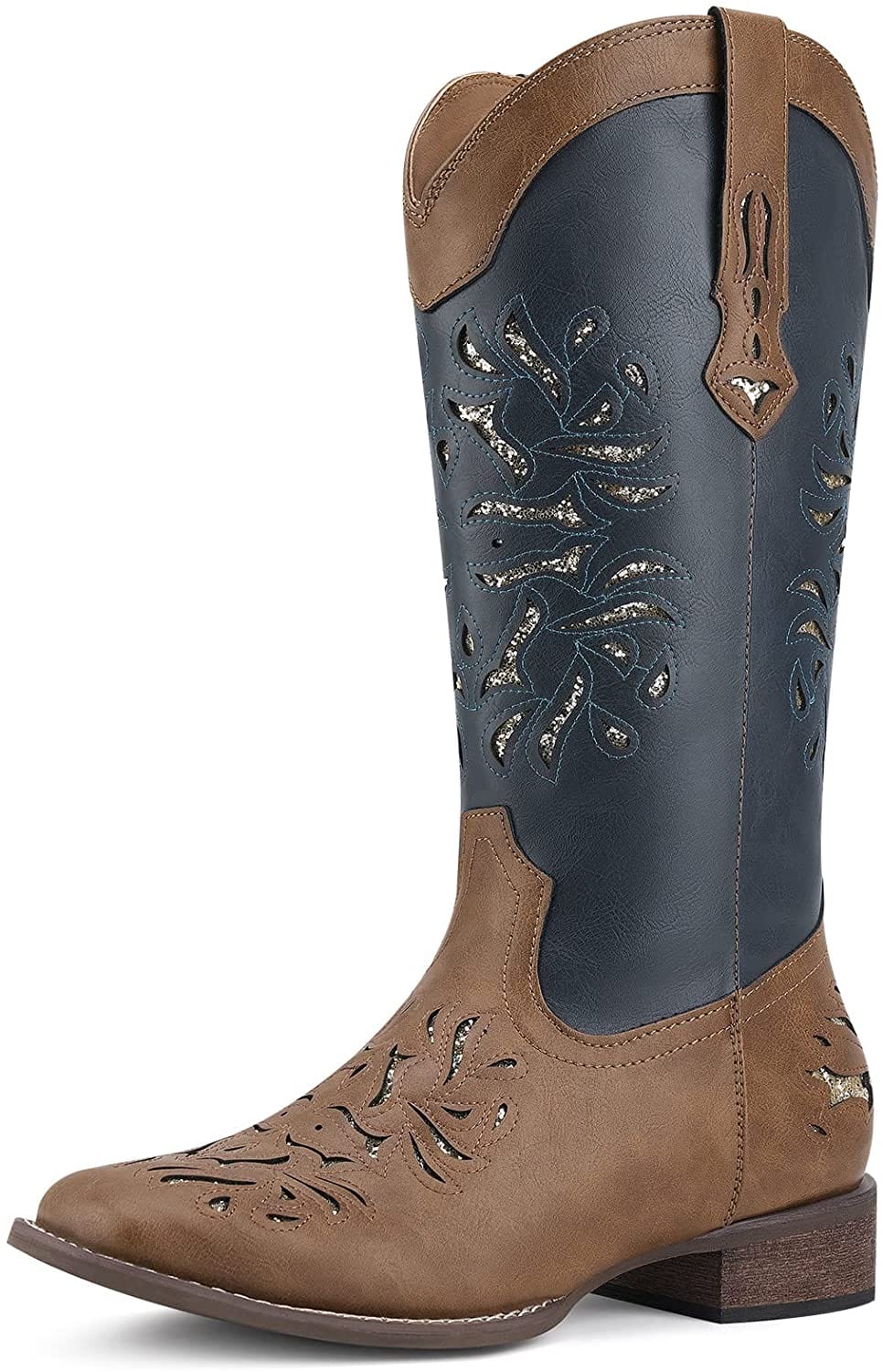 HISEA Cowboy Boots for Women Western Square Toe Glitter Fashion Boots, 10, Brown