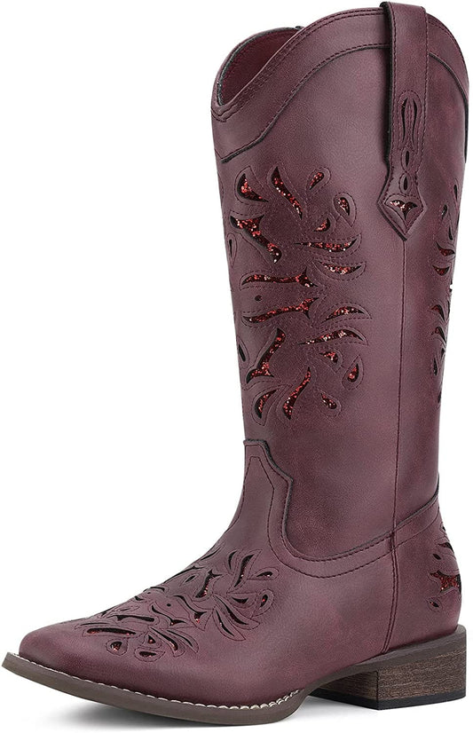 HISEA Cowboy Boots for Women Western Square Toe Glitter Fashion Boots, 10, Brown