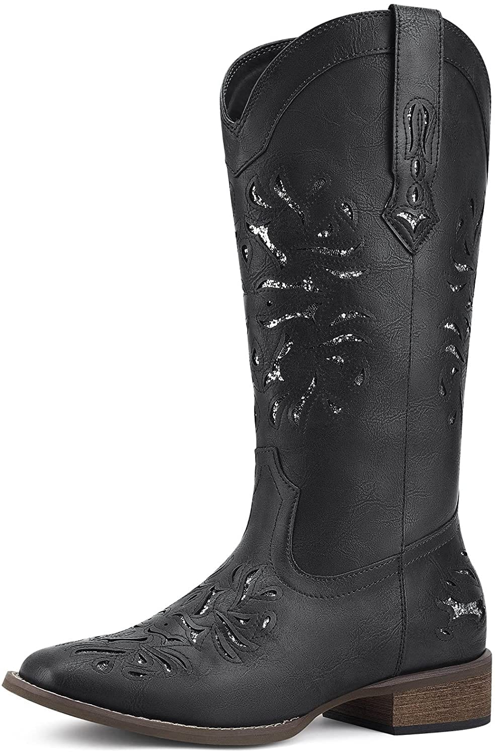 HISEA Cowboy Boots for Women Western Square Toe Glitter Fashion Boots, 10, Brown