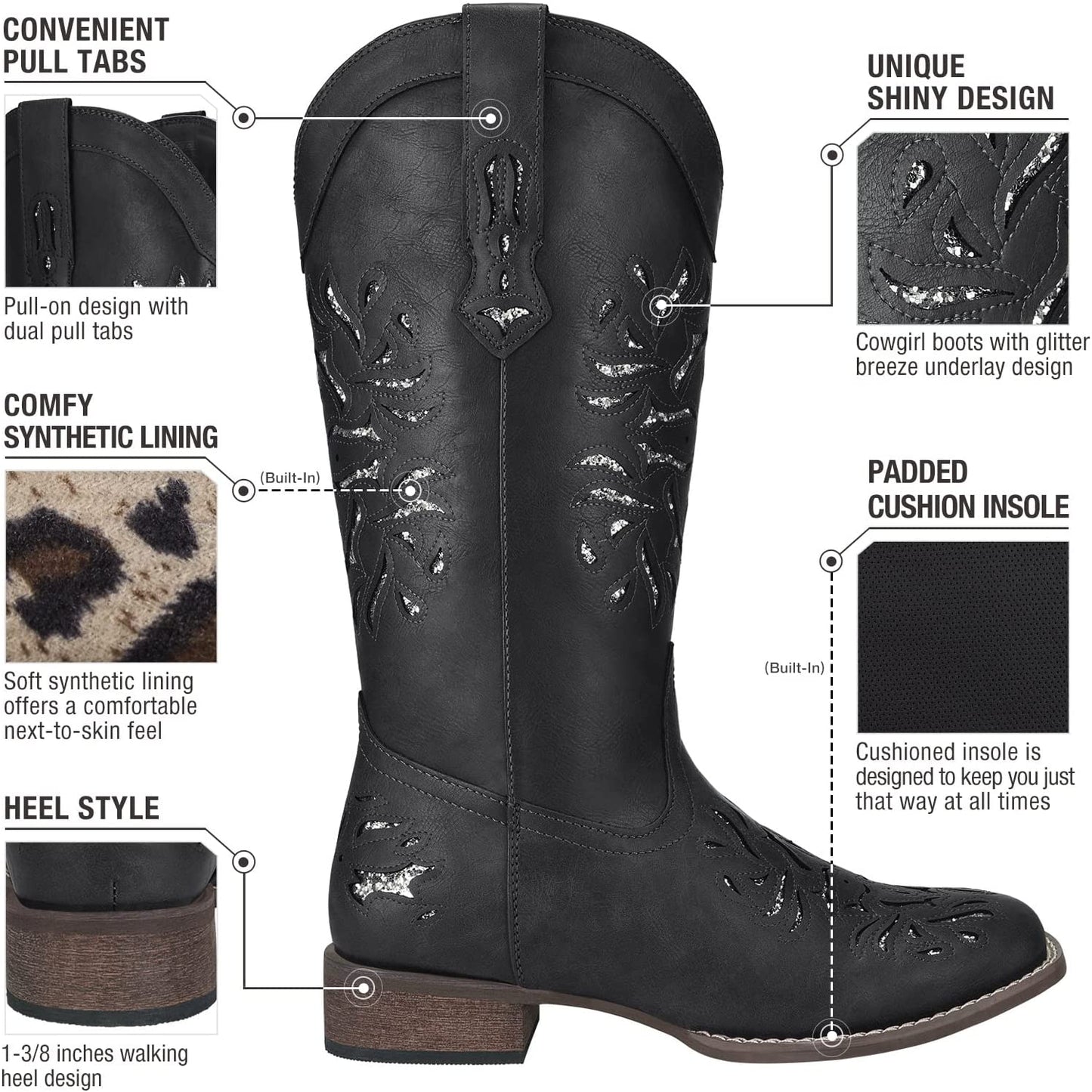 HISEA Cowboy Boots for Women Western Square Toe Glitter Fashion Boots, 10, Brown