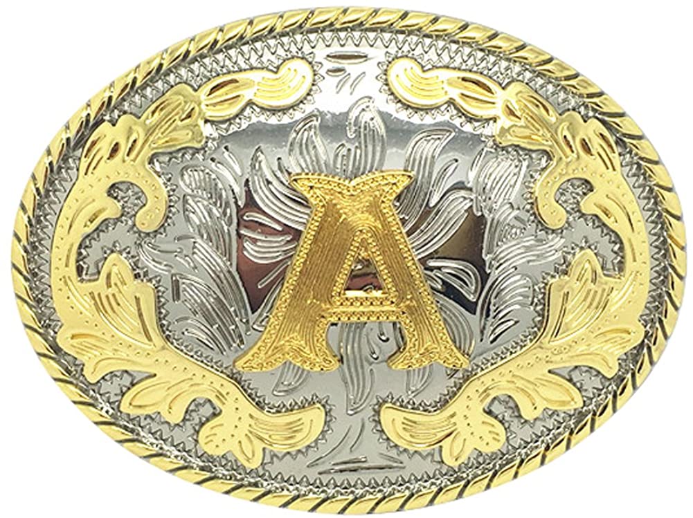 Western Cowboy Rodeo Belt Buckle – Gold Initial Letters A-Z, Large & Stylish for Men & Women, A, One Size