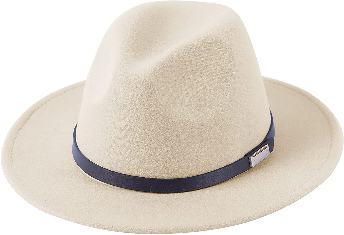 Lanzom Women's Retro Wide Brim Wool Fedora with Belt Buckle, beige, One Size
