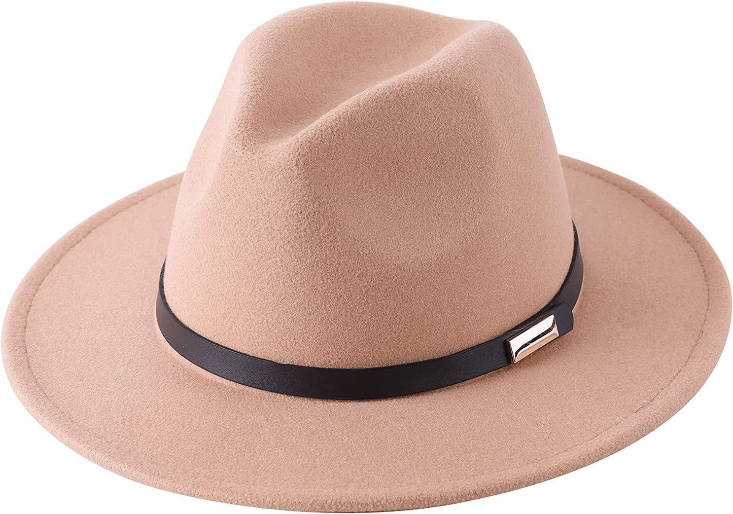 Lanzom Women's Retro Wide Brim Wool Fedora with Belt Buckle, beige, One Size