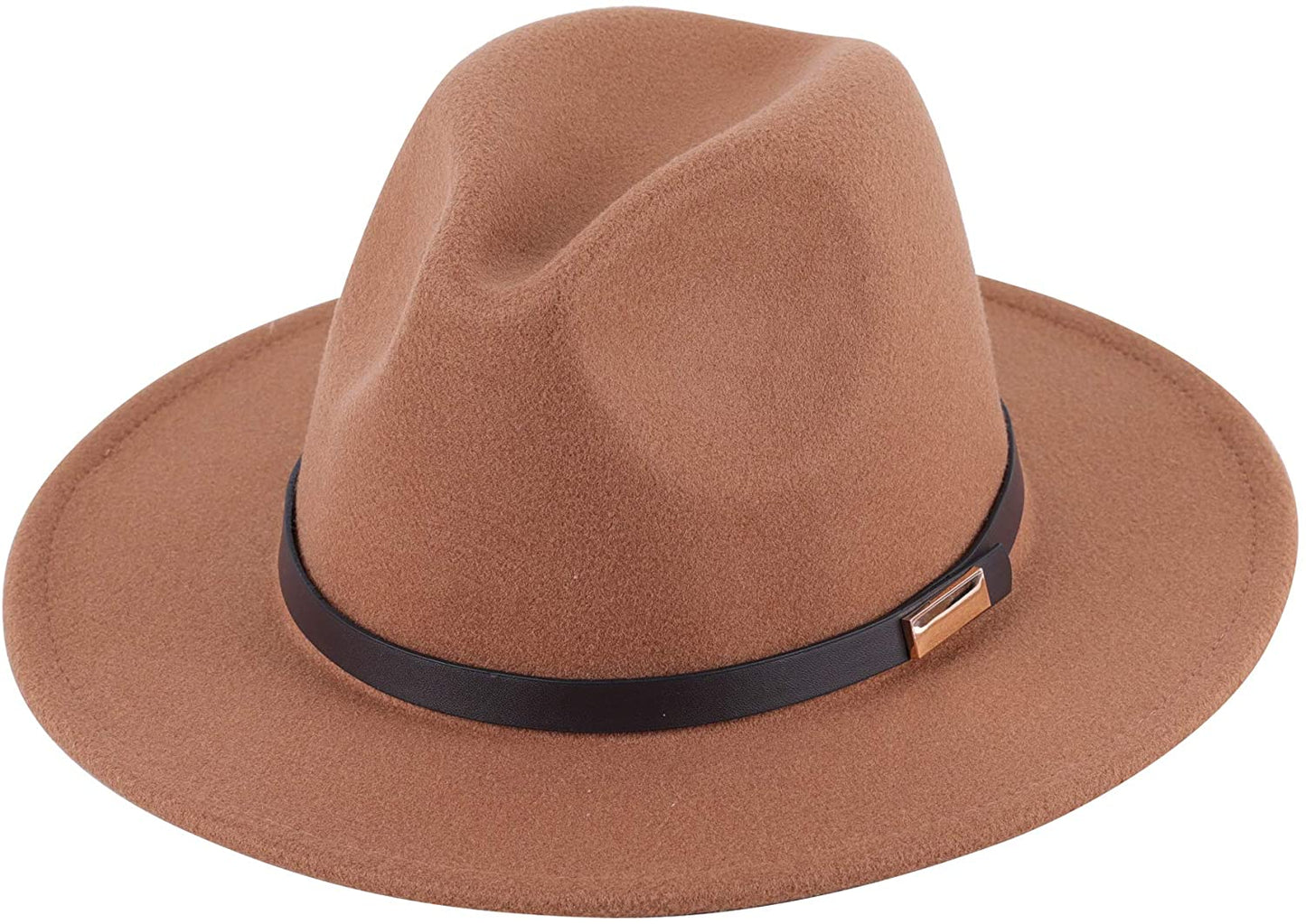 Lanzom Women's Retro Wide Brim Wool Fedora with Belt Buckle, beige, One Size