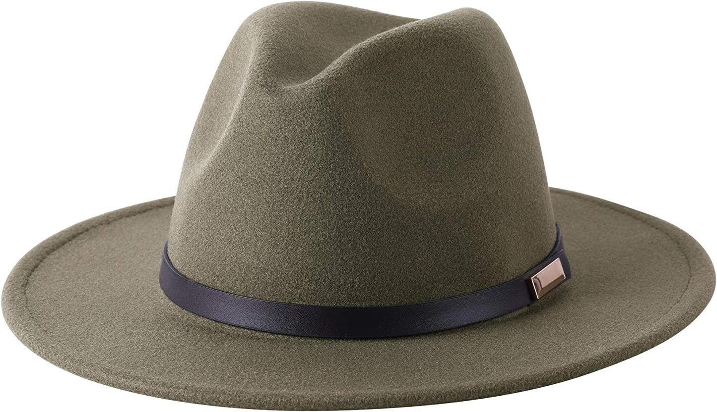 Lanzom Women's Retro Wide Brim Wool Fedora with Belt Buckle, beige, One Size
