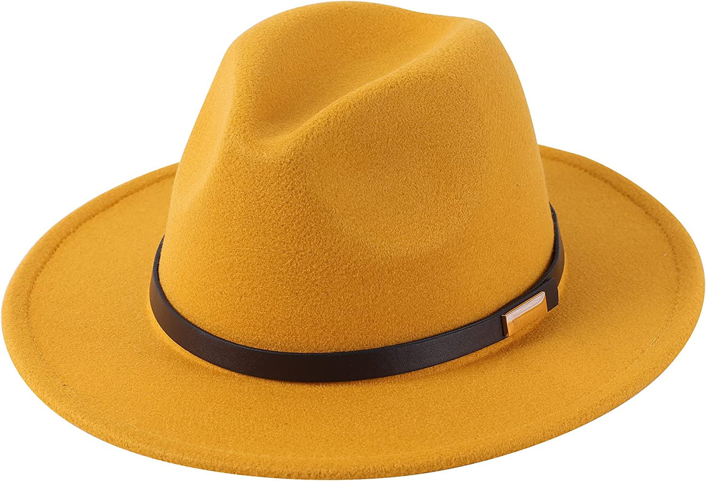 Lanzom Women's Retro Wide Brim Wool Fedora with Belt Buckle, beige, One Size