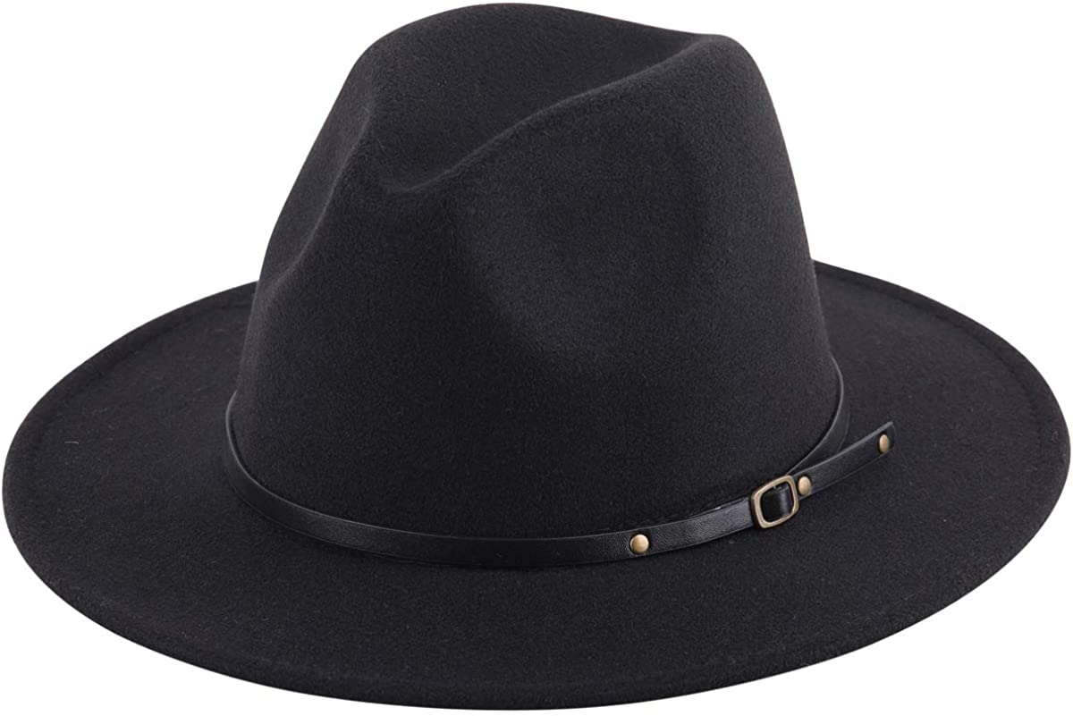Lanzom Women's Retro Wide Brim Wool Fedora with Belt Buckle, beige, One Size