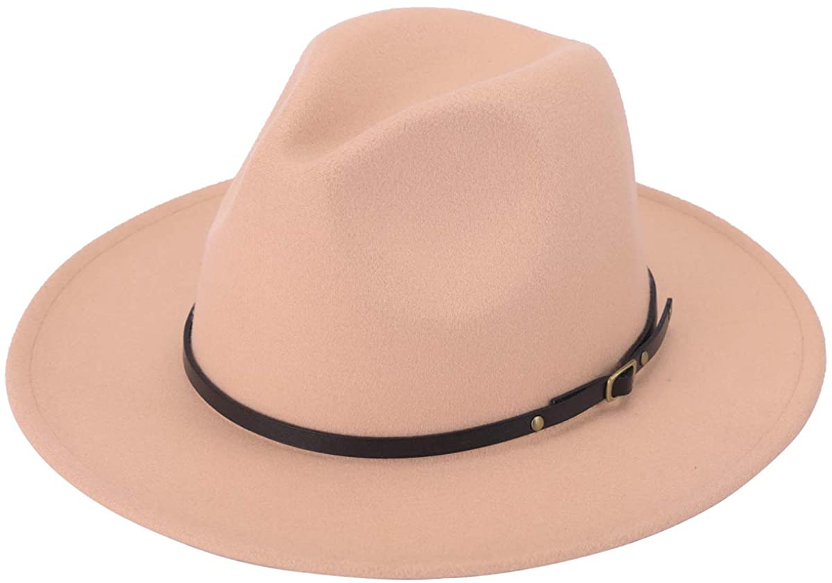 Lanzom Women's Retro Wide Brim Wool Fedora with Belt Buckle, beige, One Size