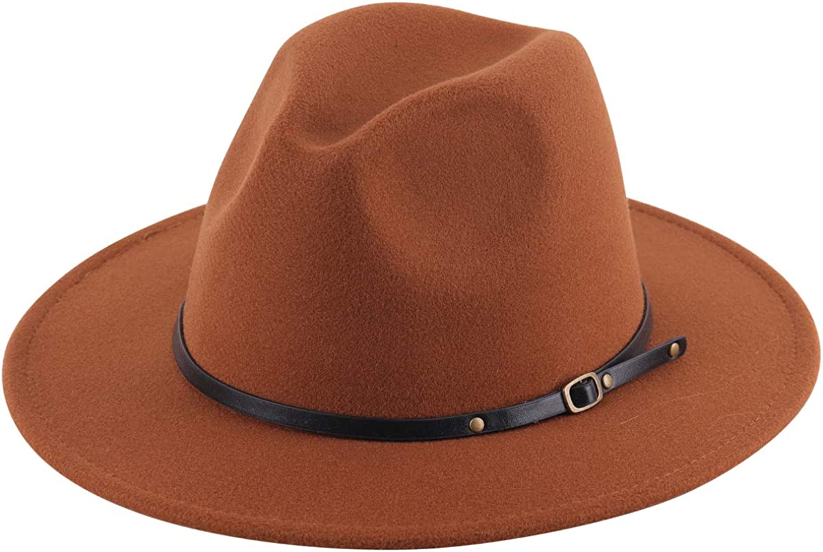 Lanzom Women's Retro Wide Brim Wool Fedora with Belt Buckle, beige, One Size
