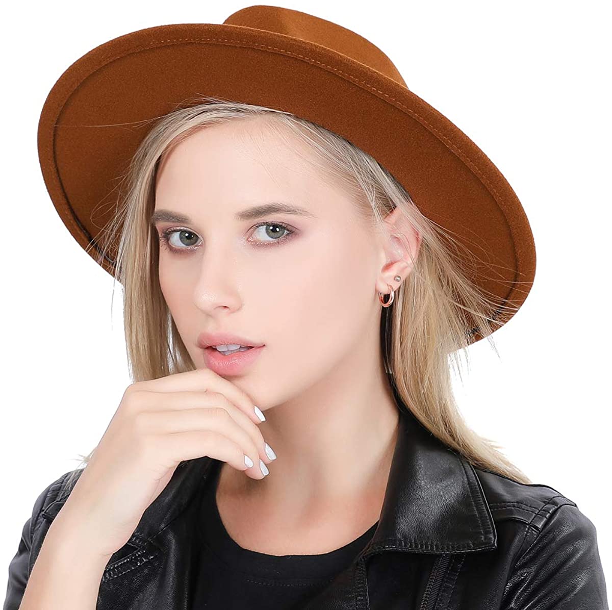 Lanzom Women's Retro Wide Brim Wool Fedora with Belt Buckle, beige, One Size