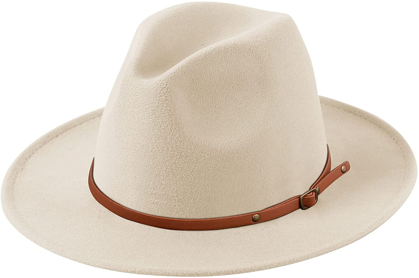 Lanzom Women's Retro Wide Brim Wool Fedora with Belt Buckle, beige, One Size