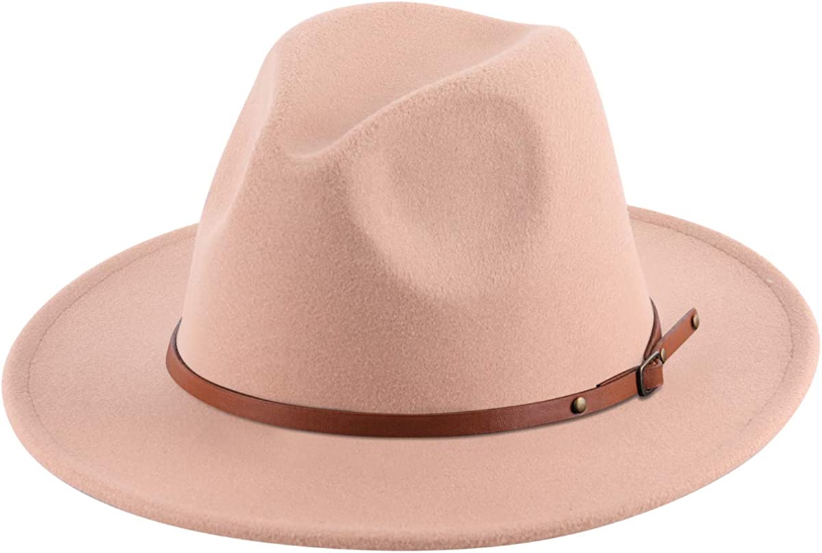 Lanzom Women's Retro Wide Brim Wool Fedora with Belt Buckle, beige, One Size