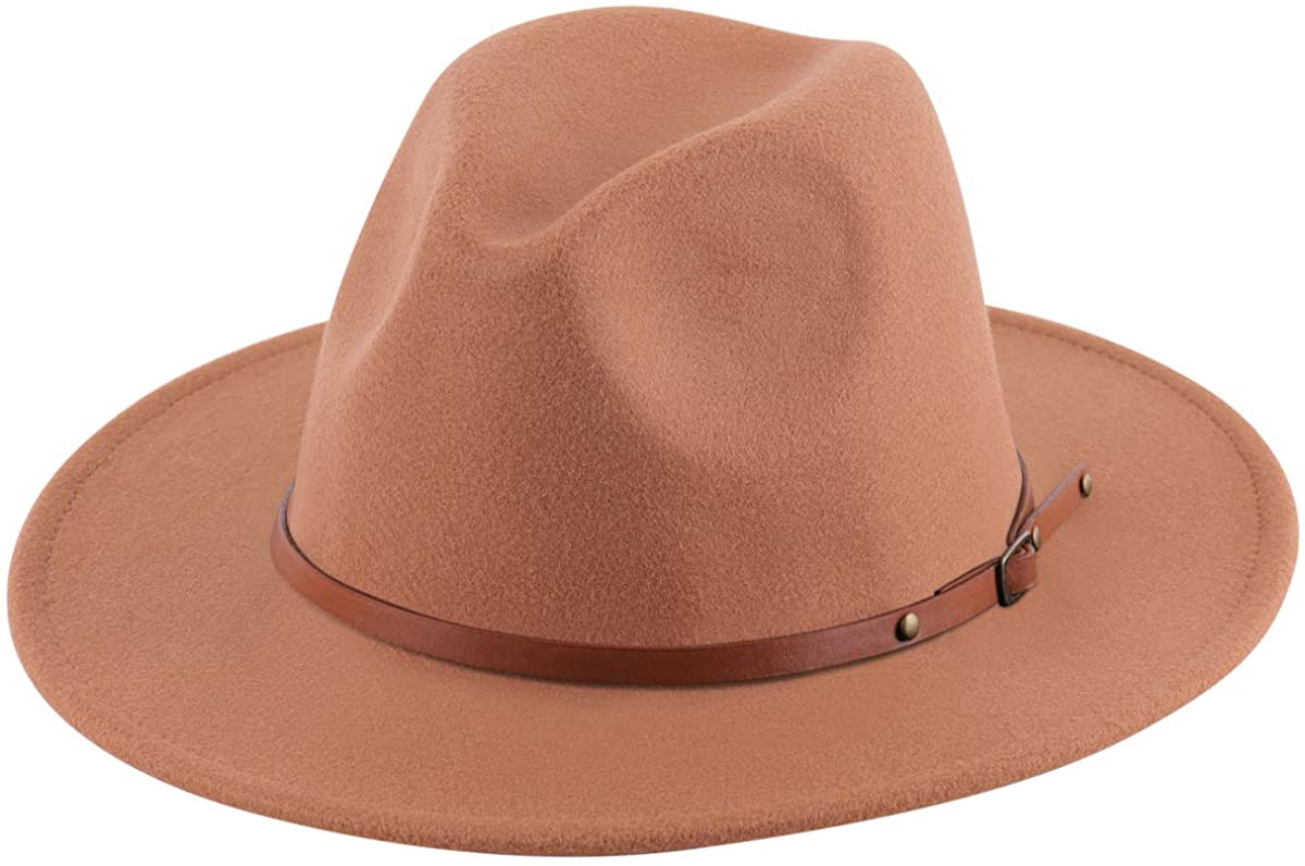 Lanzom Women's Retro Wide Brim Wool Fedora with Belt Buckle, beige, One Size