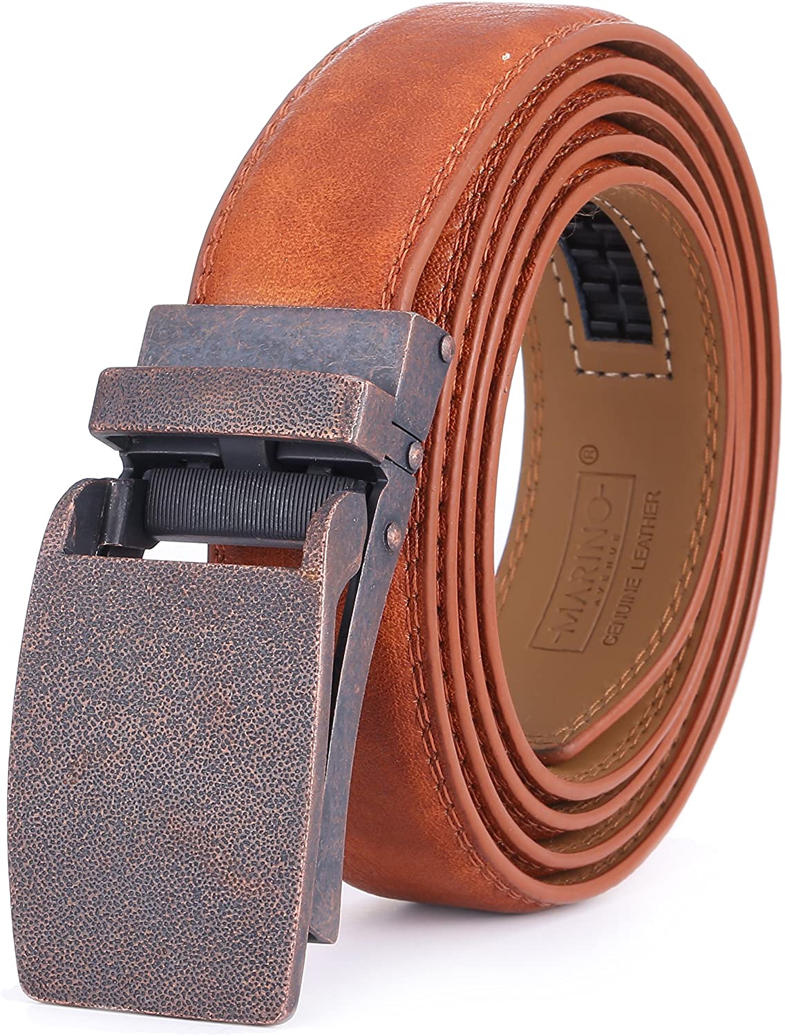 Marino Avenue Men’s Leather Ratchet Dress Belt with Linxx Buckle & Gift Box, Imperial Rank   Burnt Umber, 38"-54"