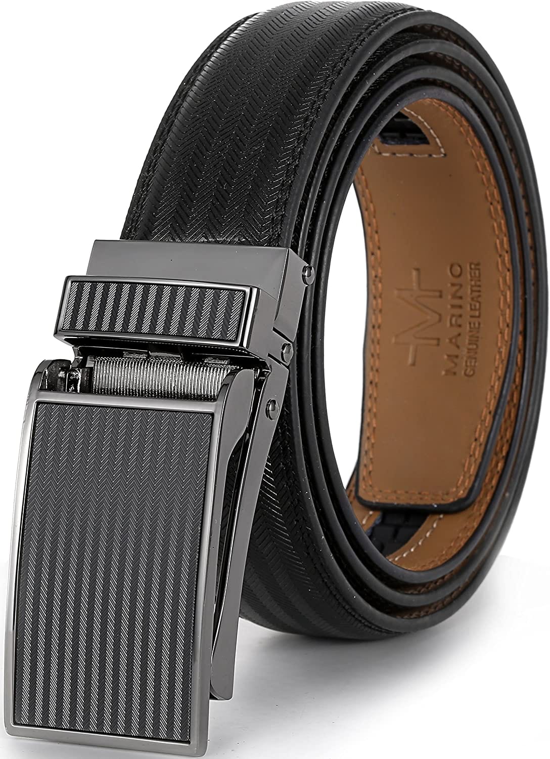 Marino Avenue Men’s Leather Ratchet Dress Belt with Linxx Buckle & Gift Box, Imperial Rank   Burnt Umber, 38"-54"