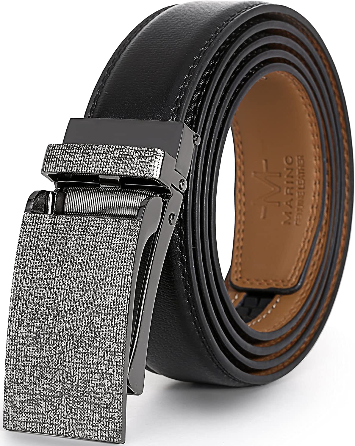 Marino Avenue Men’s Leather Ratchet Dress Belt with Linxx Buckle & Gift Box, Imperial Rank   Burnt Umber, 38"-54"