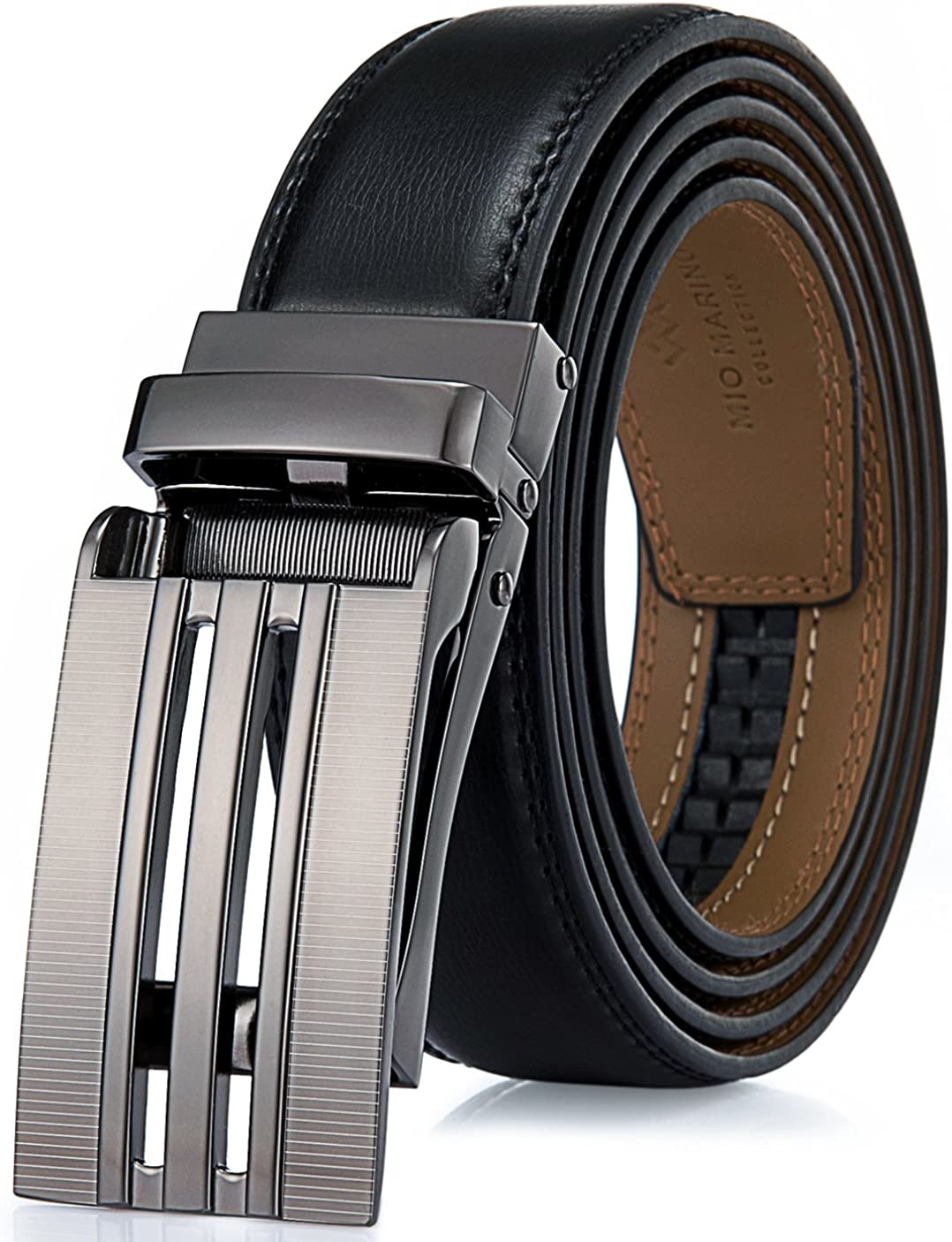 Marino Avenue Men’s Leather Ratchet Dress Belt with Linxx Buckle & Gift Box, Imperial Rank   Burnt Umber, 38"-54"