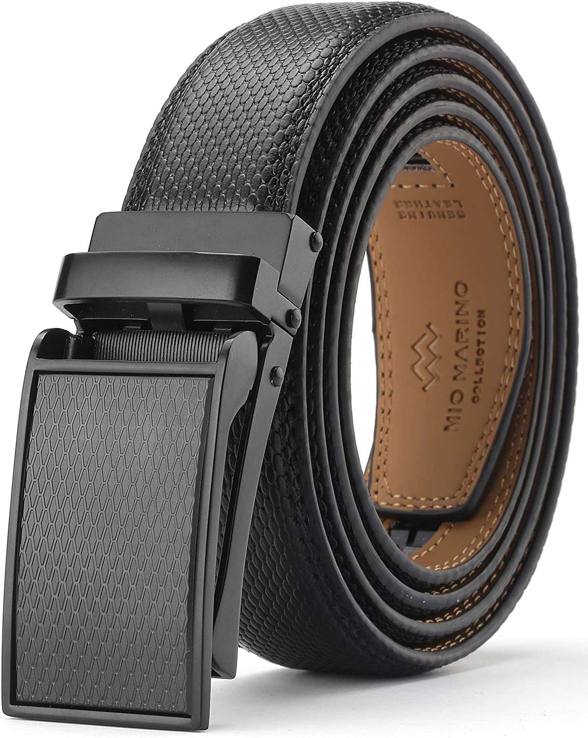 Marino Avenue Men’s Leather Ratchet Dress Belt with Linxx Buckle & Gift Box, Imperial Rank   Burnt Umber, 38"-54"