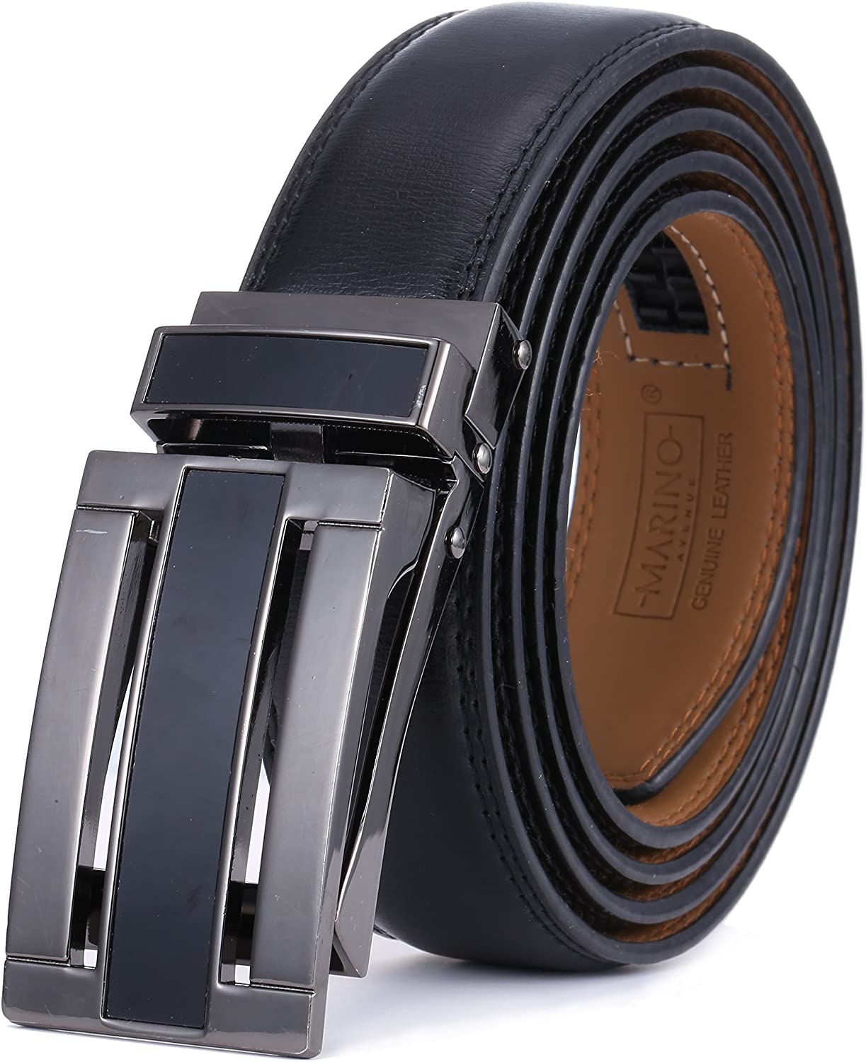 Marino Avenue Men’s Leather Ratchet Dress Belt with Linxx Buckle & Gift Box, Imperial Rank   Burnt Umber, 38"-54"
