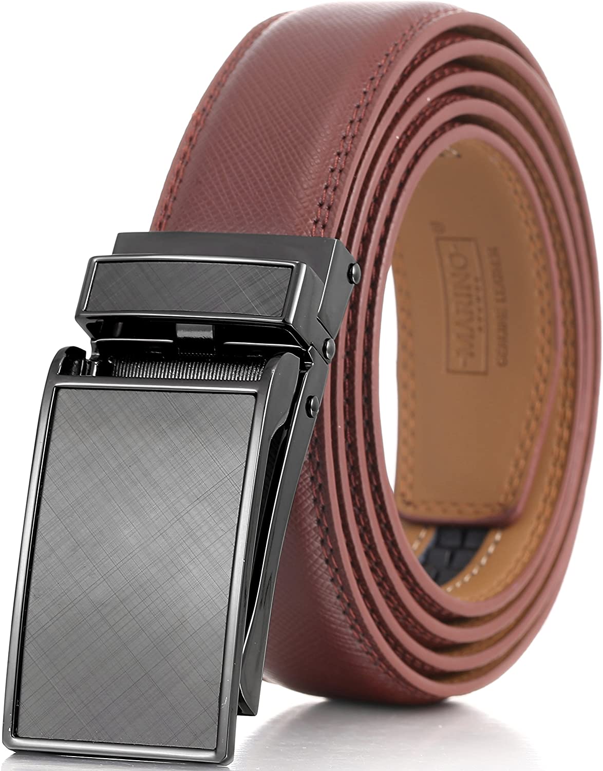 Marino Avenue Men’s Leather Ratchet Dress Belt with Linxx Buckle & Gift Box, Imperial Rank   Burnt Umber, 38"-54"