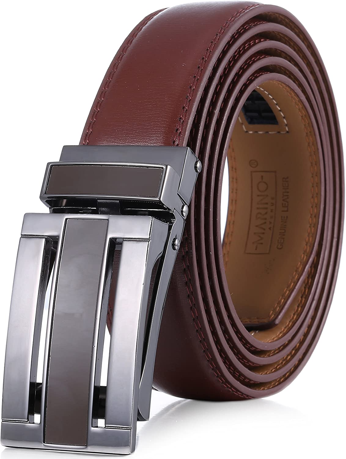 Marino Avenue Men’s Leather Ratchet Dress Belt with Linxx Buckle & Gift Box, Imperial Rank   Burnt Umber, 38"-54"
