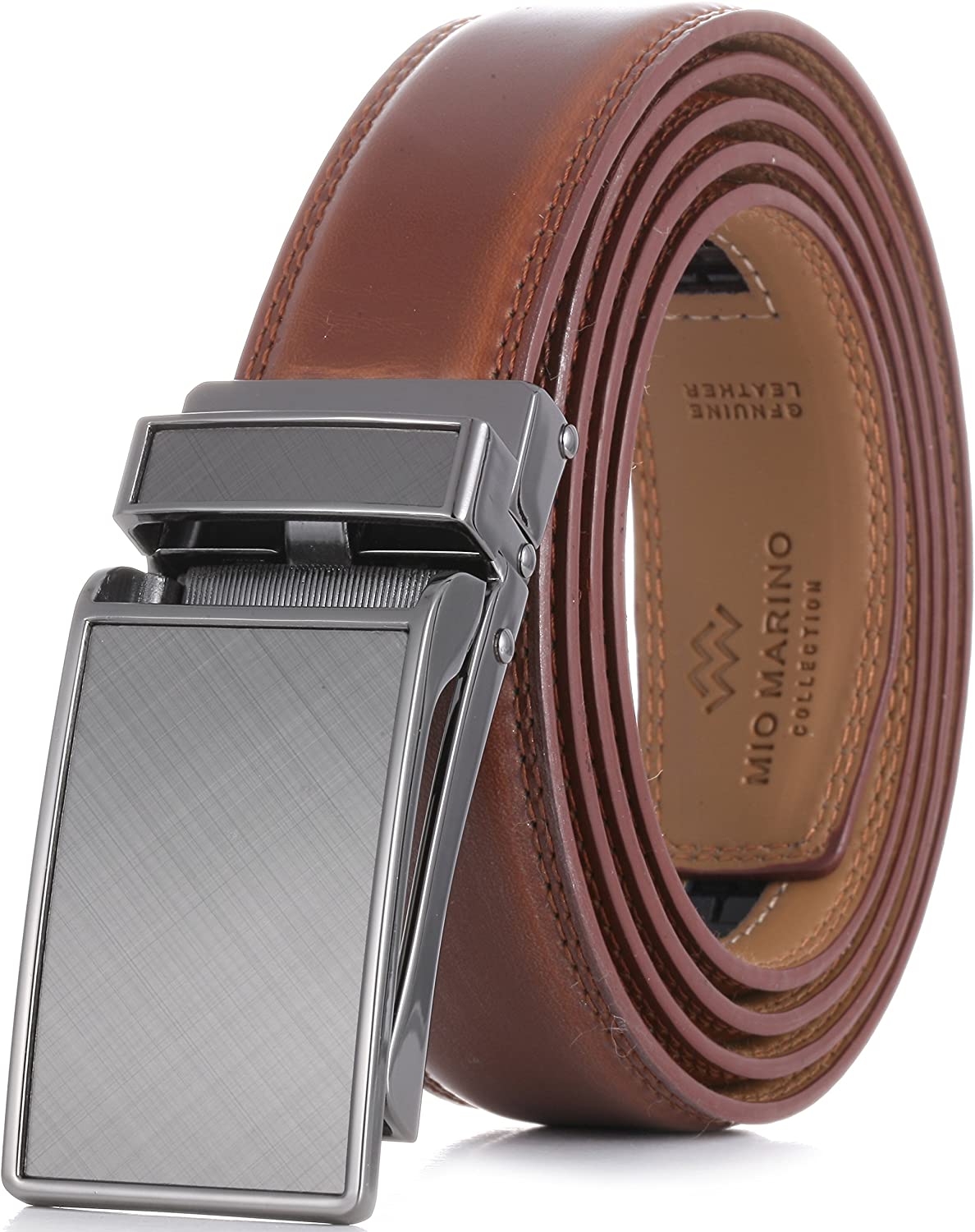 Marino Avenue Men’s Leather Ratchet Dress Belt with Linxx Buckle & Gift Box, Imperial Rank   Burnt Umber, 38"-54"