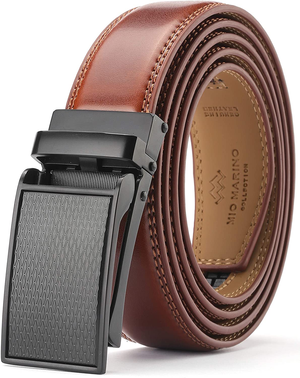 Marino Avenue Men’s Leather Ratchet Dress Belt with Linxx Buckle & Gift Box, Imperial Rank   Burnt Umber, 38"-54"
