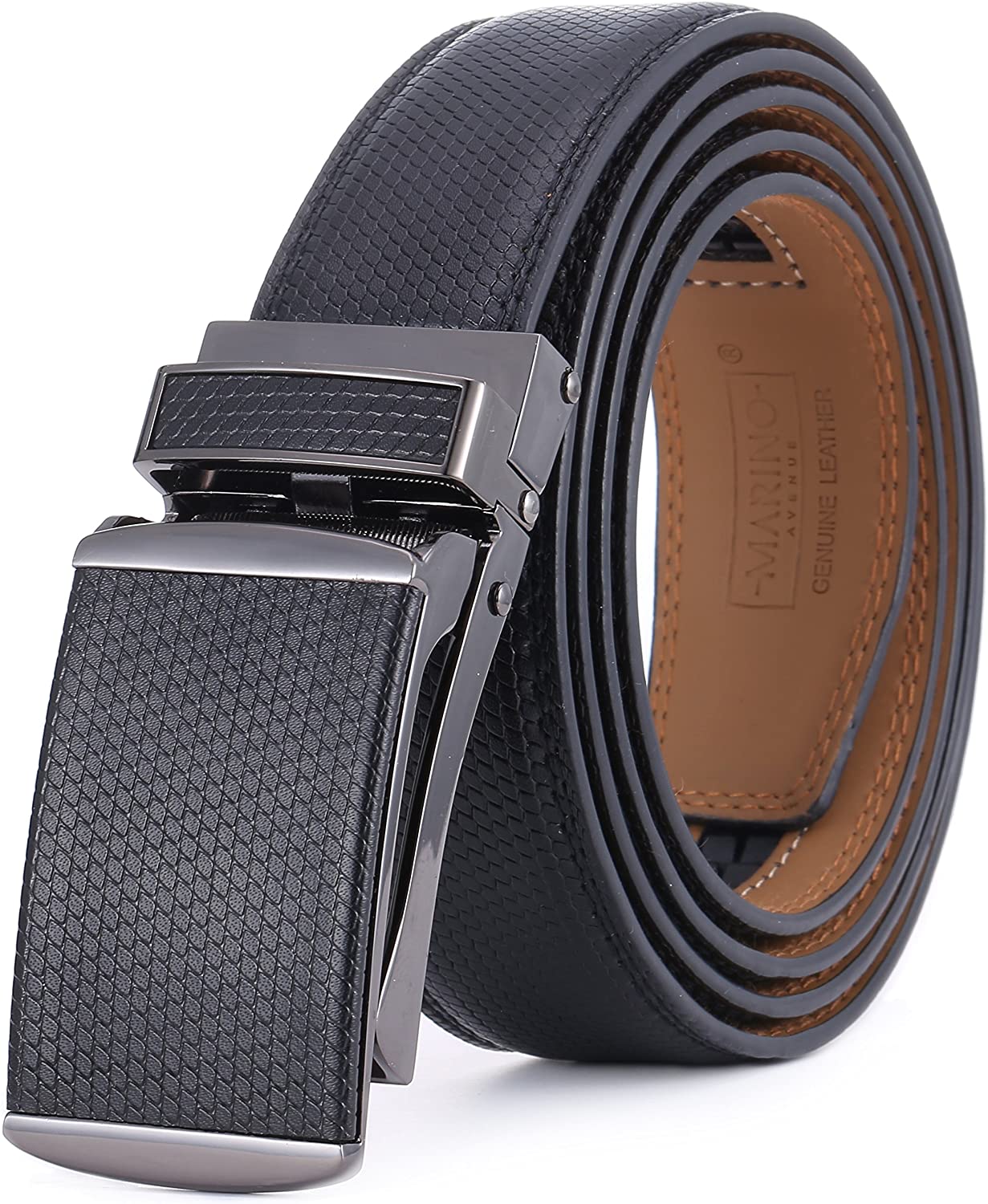 Marino Avenue Men’s Leather Ratchet Dress Belt with Linxx Buckle & Gift Box, Imperial Rank   Burnt Umber, 38"-54"