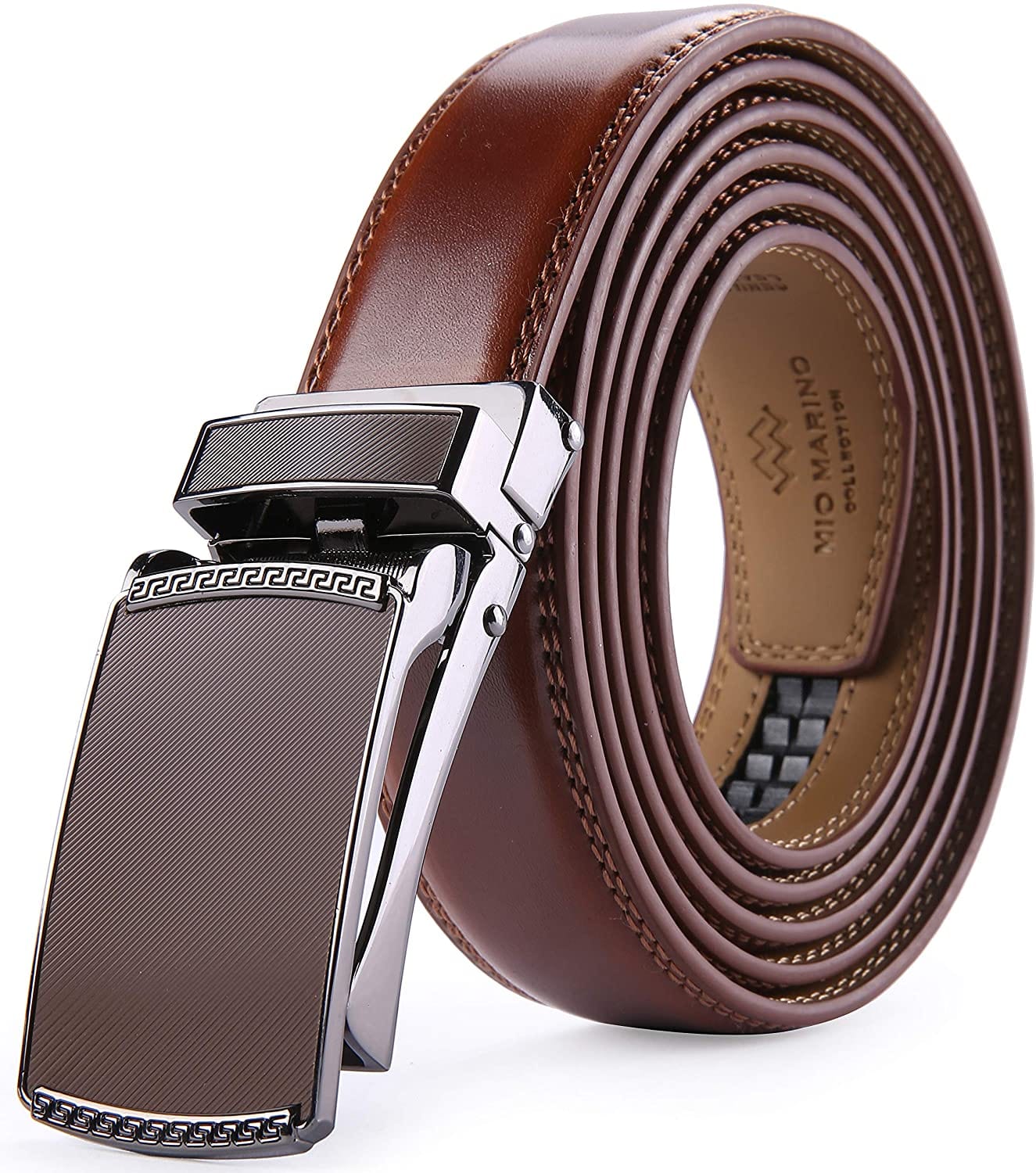 Marino Avenue Men’s Leather Ratchet Dress Belt with Linxx Buckle & Gift Box, Imperial Rank   Burnt Umber, 38"-54"