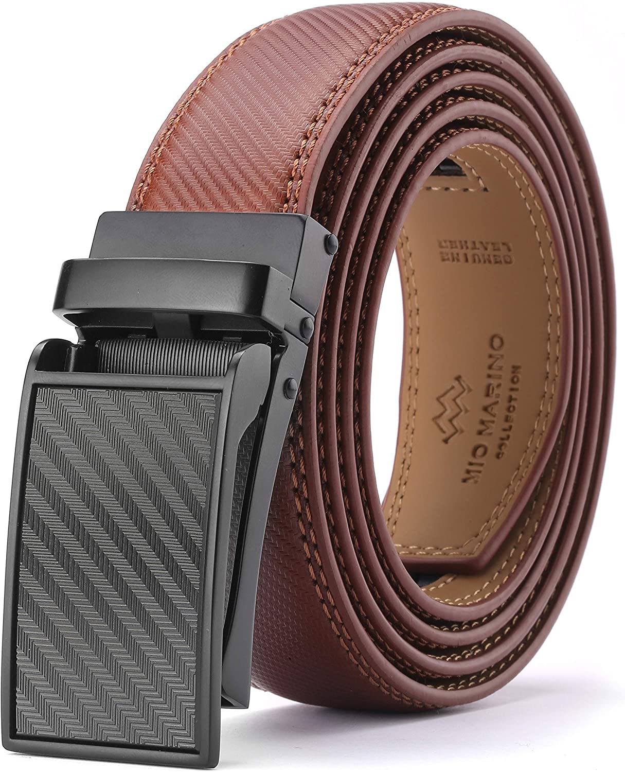 Marino Avenue Men’s Leather Ratchet Dress Belt with Linxx Buckle & Gift Box, Imperial Rank   Burnt Umber, 38"-54"