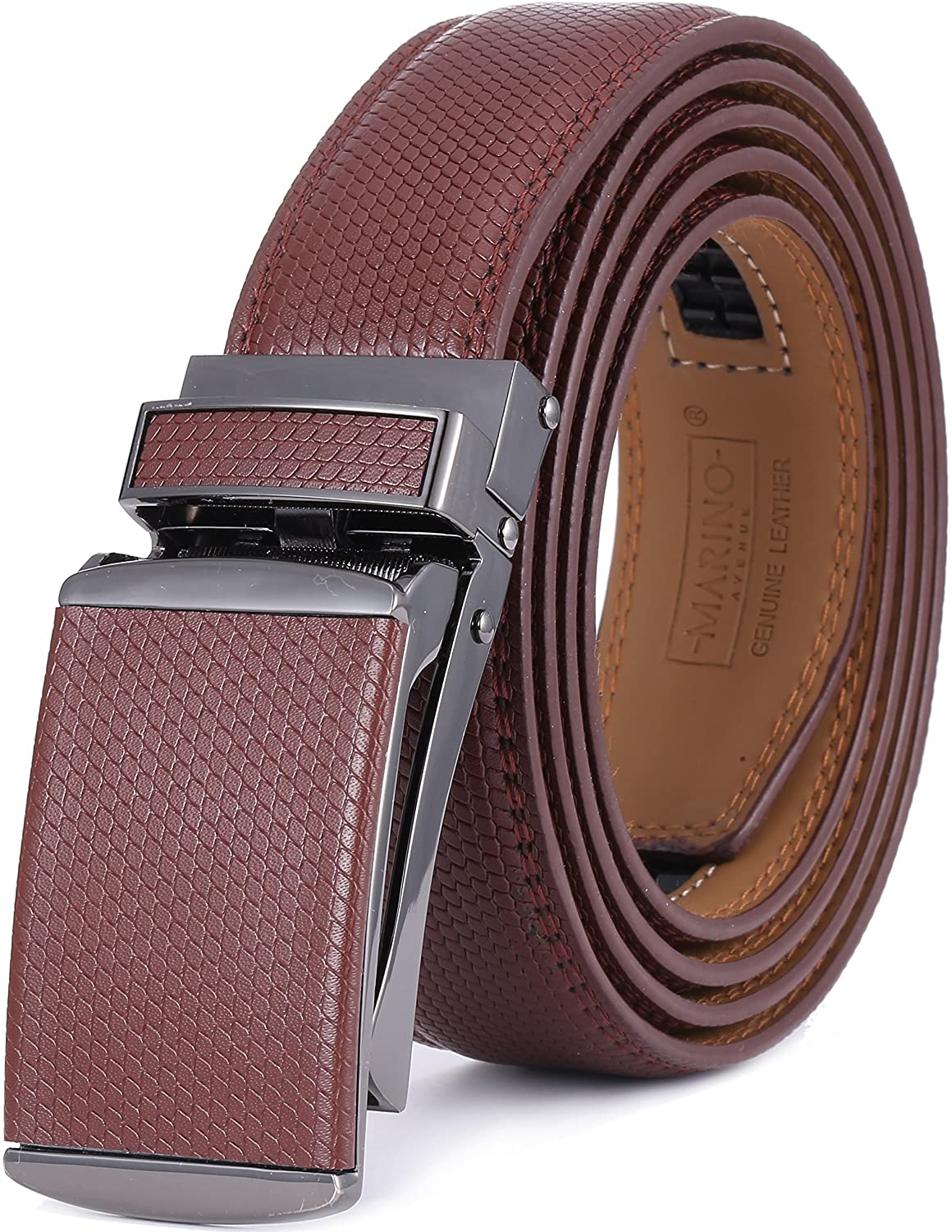 Marino Avenue Men’s Leather Ratchet Dress Belt with Linxx Buckle & Gift Box, Imperial Rank   Burnt Umber, 38"-54"