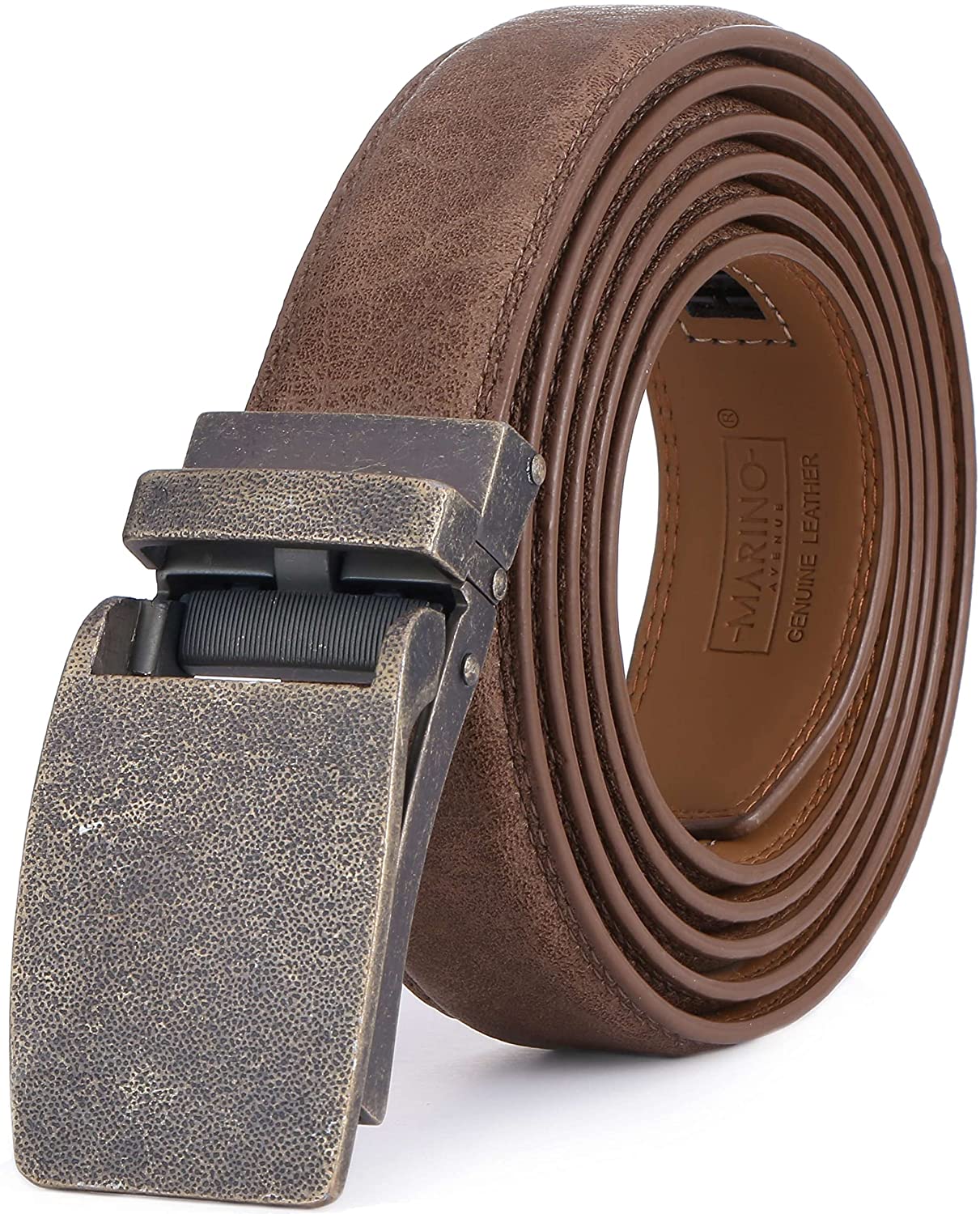 Marino Avenue Men’s Leather Ratchet Dress Belt with Linxx Buckle & Gift Box, Imperial Rank   Burnt Umber, 38"-54"
