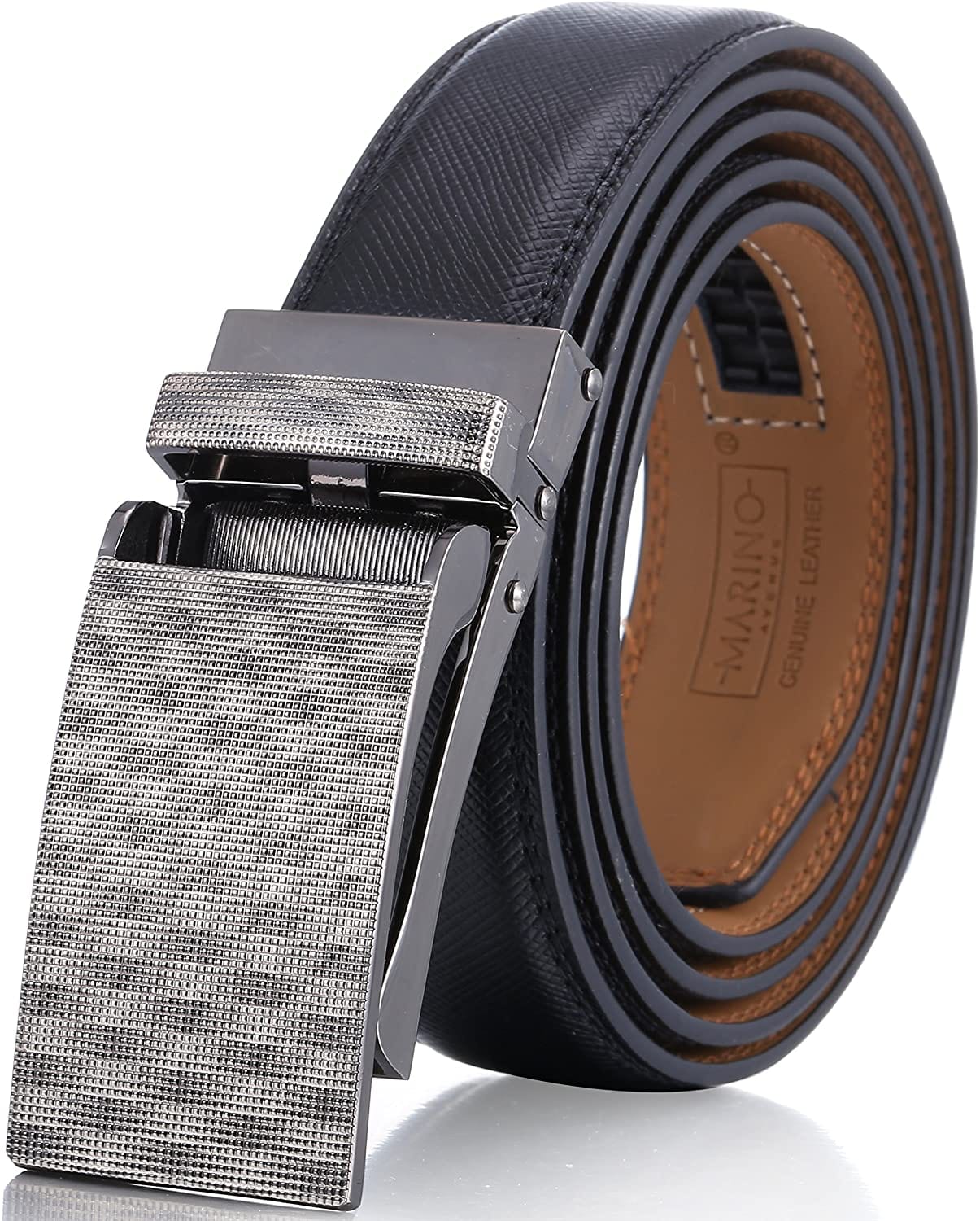 Marino Avenue Men’s Leather Ratchet Dress Belt with Linxx Buckle & Gift Box, Imperial Rank   Burnt Umber, 38"-54"