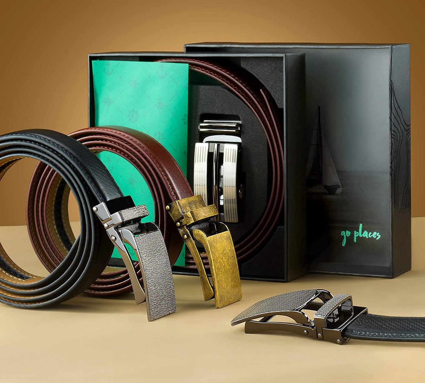 Marino Avenue Men’s Leather Ratchet Dress Belt with Linxx Buckle & Gift Box, Imperial Rank   Burnt Umber, 38"-54"