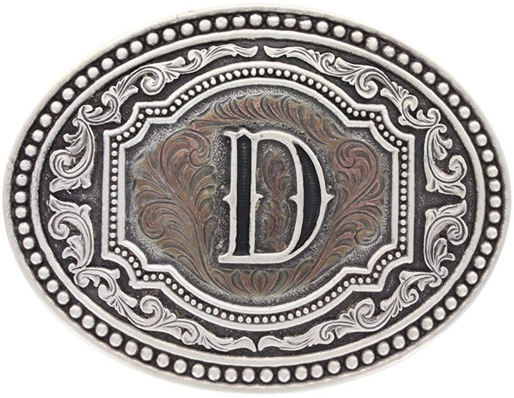 Hebilla de cinturón ovalada estilo western con actitud de camafeo en dos tonos y iniciales para hombre de Montana Silversmiths