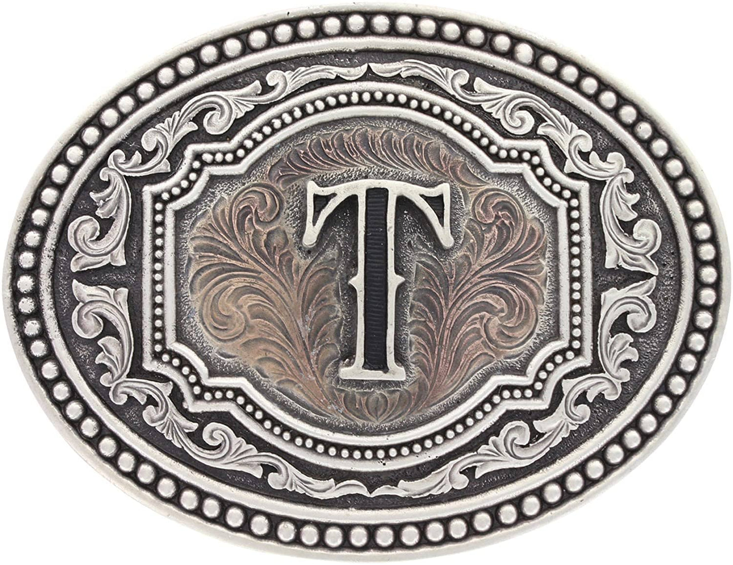 Hebilla de cinturón ovalada estilo western con actitud de camafeo en dos tonos y iniciales para hombre de Montana Silversmiths