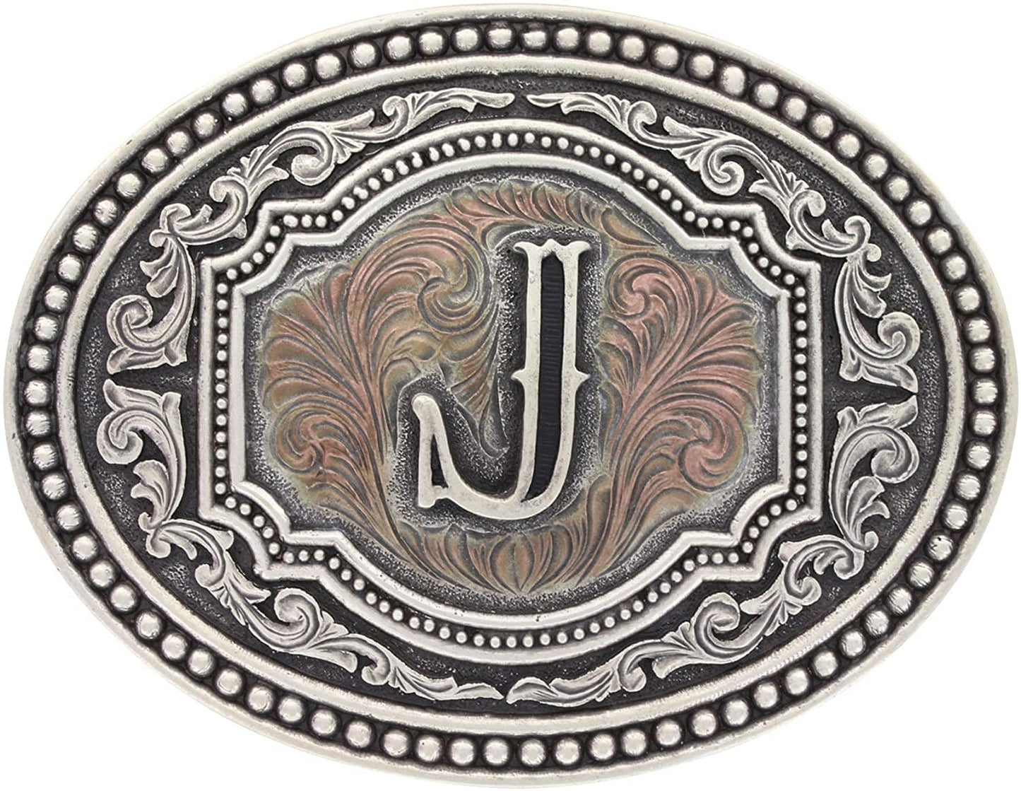 Hebilla de cinturón ovalada estilo western con actitud de camafeo en dos tonos y iniciales para hombre de Montana Silversmiths