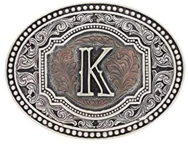 Hebilla de cinturón ovalada estilo western con actitud de camafeo en dos tonos y iniciales para hombre de Montana Silversmiths