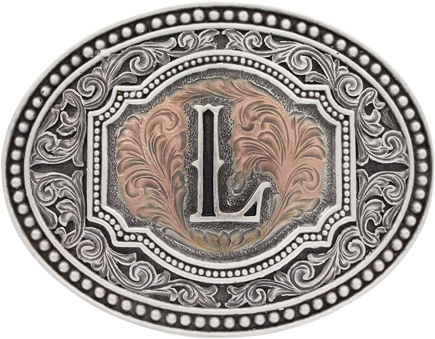 Hebilla de cinturón ovalada estilo western con actitud de camafeo en dos tonos y iniciales para hombre de Montana Silversmiths