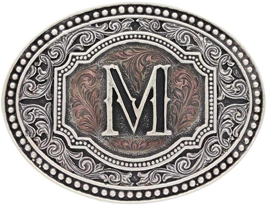 Hebilla de cinturón ovalada estilo western con actitud de camafeo en dos tonos y iniciales para hombre de Montana Silversmiths