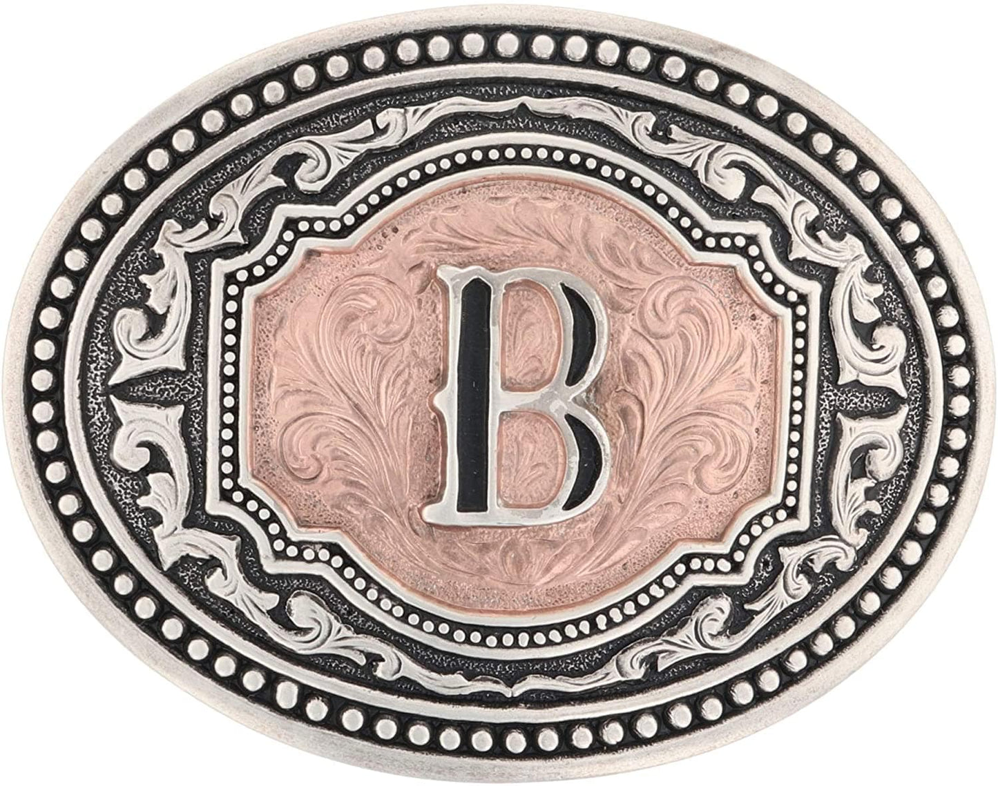 Hebilla de cinturón ovalada estilo western con actitud de camafeo en dos tonos y iniciales para hombre de Montana Silversmiths
