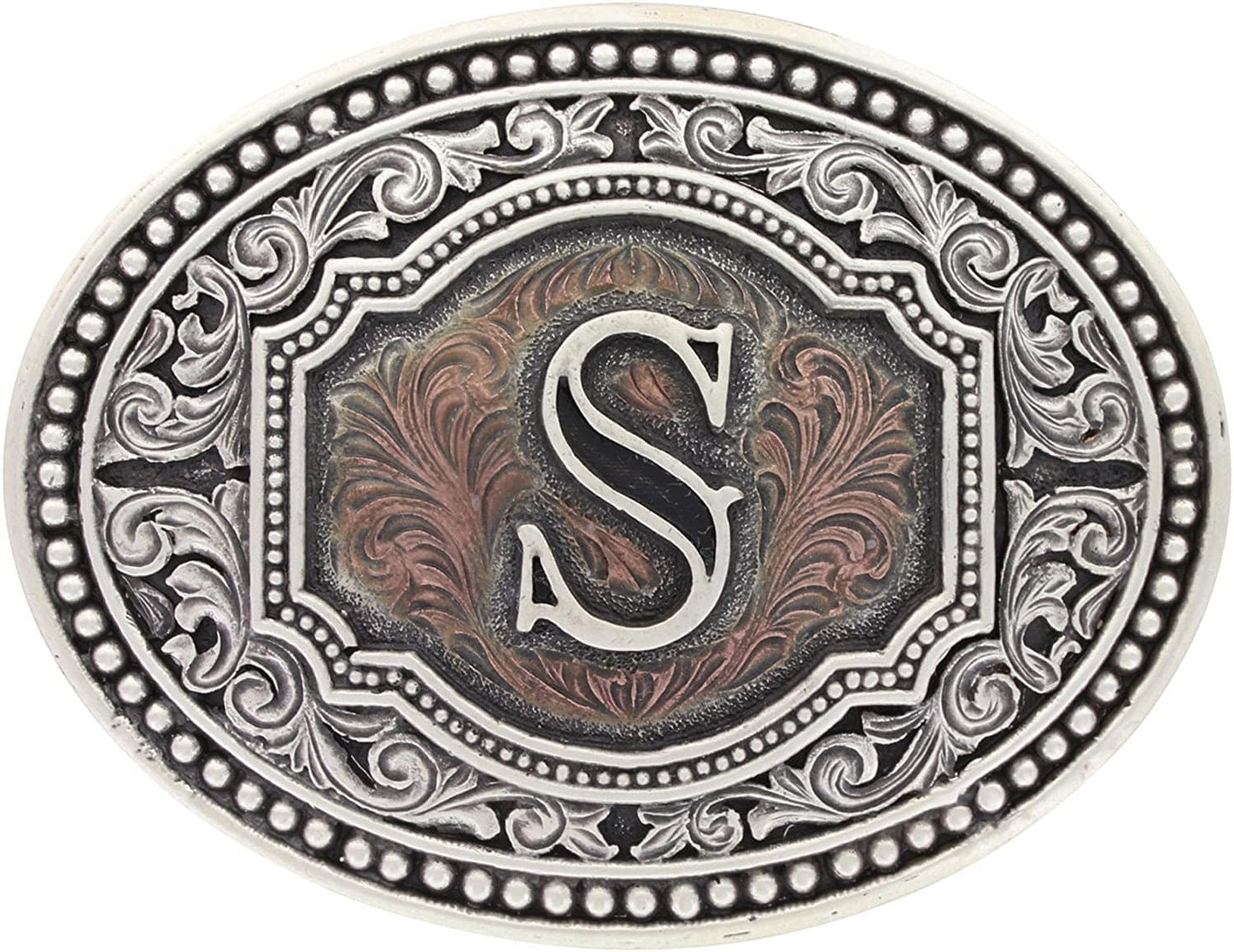Hebilla de cinturón ovalada estilo western con actitud de camafeo en dos tonos y iniciales para hombre de Montana Silversmiths