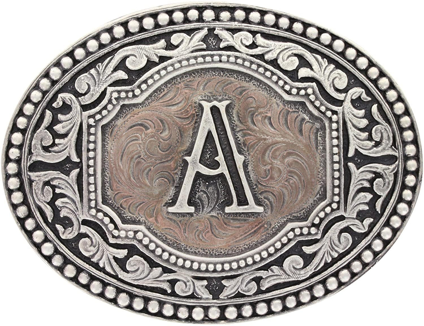Hebilla de cinturón ovalada estilo western con actitud de camafeo en dos tonos y iniciales para hombre de Montana Silversmiths