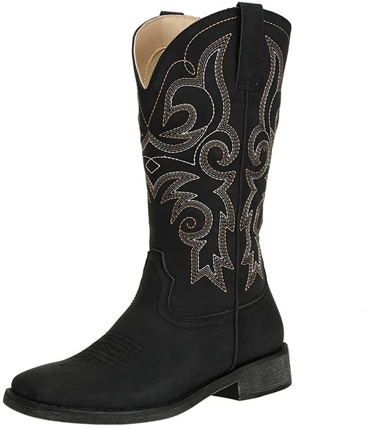 hesole Women'S Fashion Western Cowgirl Cowboy Boots Wide Square Toe Mid Calf , 6, Black